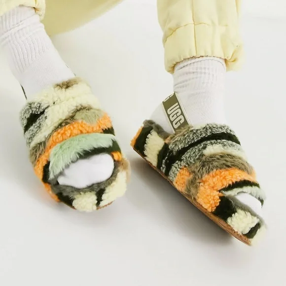 UGG Fluff Yeah Slide Cali Collage slippers in olive - Picture 1 of 12